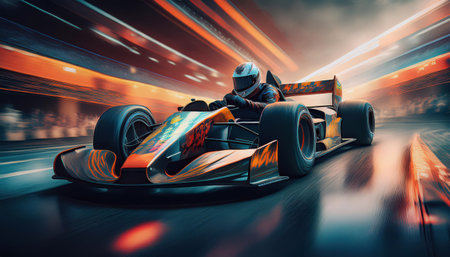 A racing car speeds around a track, showcasing its vibrant design as it competes during a sunset race.の素材