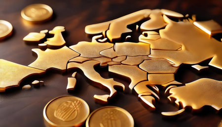 A detailed map of Europe is constructed from shining gold blocks, elegantly surrounded by glowing gold coins on a dark wooden surface, highlighting opulence.の素材