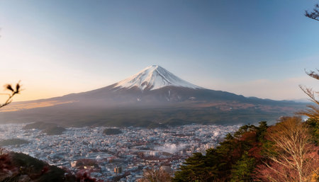 A breathtaking view of Mount Fuji captures its snow-capped peak and the sprawling city below as the sun sets, casting warm colors across the sky.の素材
