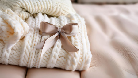Soft knit blanket in cream and white shades with a decorative ribbon draped gently on a comfy surface, inviting relaxation and comfort.の素材