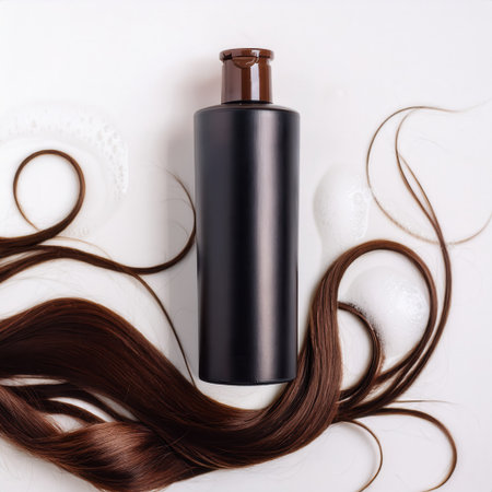 A cylindrical black shampoo pump bottle rests on a clean white surface surrounded by long, flowing strands of hair.の素材