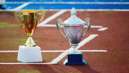 Trophies sit on a track field, celebrating the achievements of athletes competing in a sports event. The glaming gold and silver cups represent victory and excellence.の素材