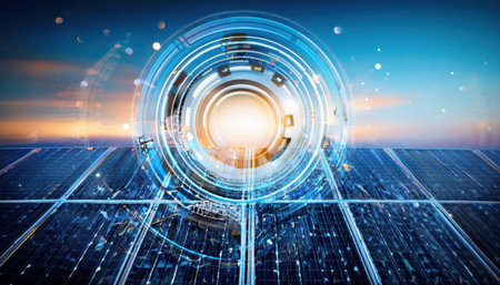 Innovative communication technologies are integrated with solar energy systems, showcasing a vision of sustainable energy in a dynamic, digitally advanced environment during sunset.の素材