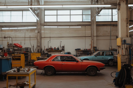 In a busy car repair shop, several vehicles such as a red car and a blue sedan are positioned under bright lights. Workers are engaged in maintenance tasks at various workstations.の素材