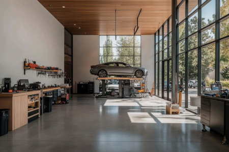 A sleek car is elevated on a lift in a contemporary auto repair shop filled with natural light.の素材