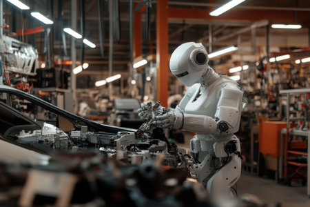 In a modern workshop, a robot mechanic efficiently replaces components on a vehicle, showcasing high-tech automation. The environment is filled with various machinery and tools.の素材