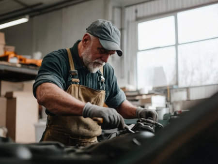 A mechanic, wearing a uniform and gloves, focuses intently on repairing an engine under the hood of a vehicle. The well-lit workshop tools and equipment around him.の素材