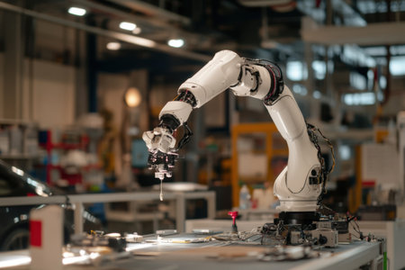 A robotic arm is actively engaged in car repairs within a well-equipped automotive workshop. The advanced technology highlights automation in vehicle maintenance.の素材