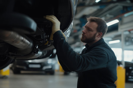 A technician carefully tests and inspects the exhaust system of a vehicle in a well-lit automotive workshop, ensuring compliance with safety standards and performance.の素材