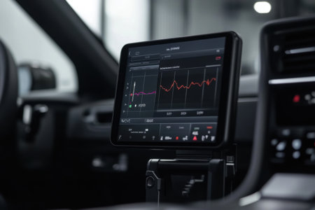 A high-tech dashboard features a digital display with various graphs and indicators, showing vehicle performance metrics. This setup enhances the driving experience at night.の素材