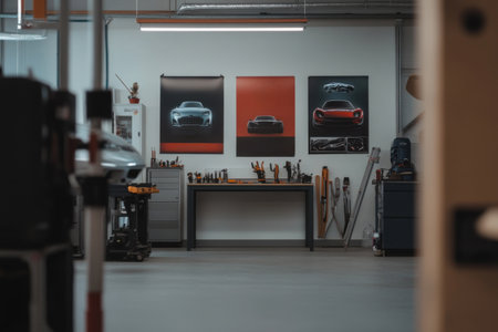In a sleek workshop, car-themed posters adorn the walls, while various tools and equipment are neatly arranged on a central work table, ready for automotive tasks.の素材