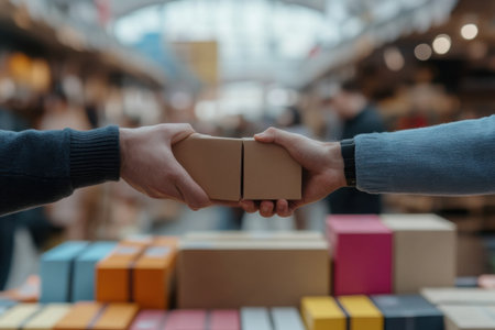 Two individuals are engaged in a product exchange at a bustling digital marketplace. Colorful packages surround them, indicating a dynamic trading environment filled with various offerings.の素材