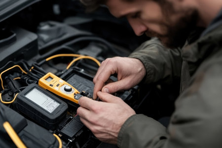 A person is focused on testing a car battery using a multimeter. The surroundings indicate an automotive environment, emphasizing precision in electrical diagnostics.の素材