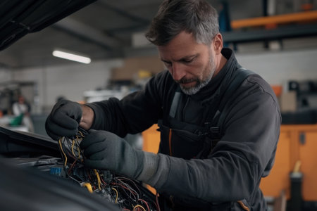 A technician focuses on the intricate task of electrical wiring in a car at a garage. The environment is busy with tools and equipment, highlighting the work's complexity and precision.の素材