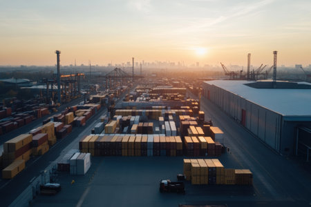 A vast shipping yard is illuminated by the early morning sun, showing rows of shipping containers. Cranes are positioned for loading and unloading, creating a bustling atmosphere.の素材