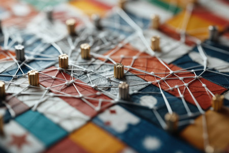 A vibrant mosaic features various national flags interlinked by threads, representing connections and unity among different cultures and countries. The detailed craftsmanship highlights diversity.の素材