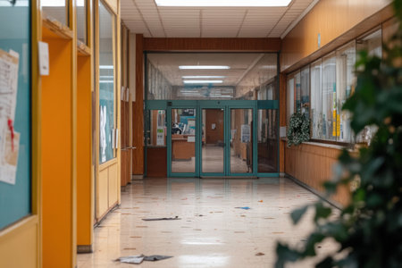 Empty hallways of former banks and businesses echo a once-bustling area, revealing signs of neglect and abandonment in a city facing economic challenges.の素材