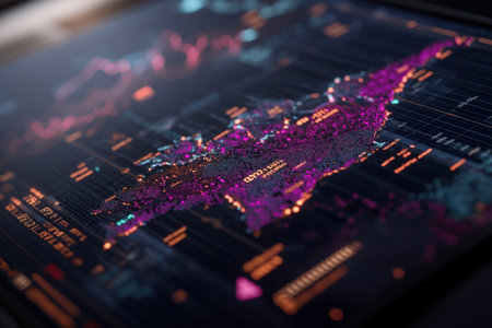 Economic indicators from different regions are visualized on a digital interface, showcasing data through graphs, charts, and metrics for detailed analysis and insights.の素材