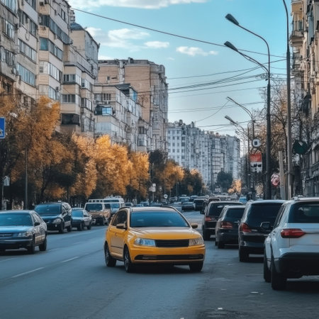 A vibrant city street showcases a yellow taxi navigating through traffic. Autumn leaves line the street, highlighting the urban landscape filled with a mix of vehicles and buildings under a blue sky.の素材