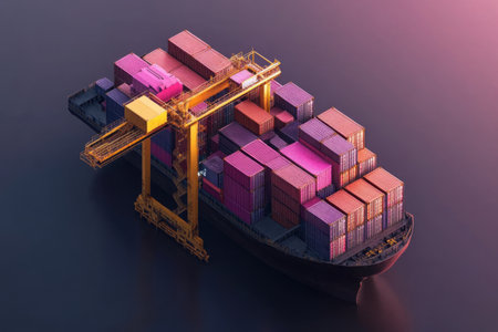 A large container ship is docked at a bustling port, stacked high with vibrant shipping containers. The setting sun casts a colorful glow over the scene, enhancing the business atmosphere.の素材
