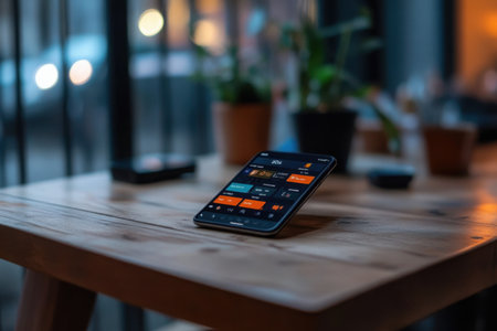 A smartphone showcasing a trading network application is placed on a wooden table. The dimly lit environment suggests a cozy atmosphere, with indoor plants and a softly blurred background.の素材