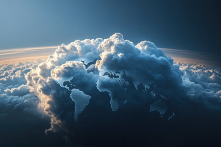 Clouds blanket the horizon, shrouding the earth in mystery as dusk approaches. The landscape is transformed into a surreal and ethereal view, inviting contemplation and awe.の素材