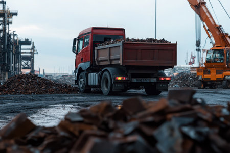 A red truck transports raw material scrap at an industrial location, surrounded by large piles of metal waste. Heavy machinery is visible in the background under a cloudy sky.の素材