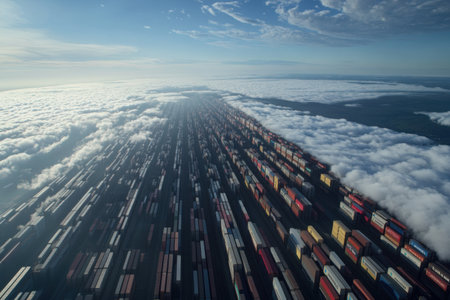 An expansive perspective reveals a dense arrangement of shipping containers stretching across the horizon, partially obscured by soft, fluffy clouds, showing a busy logistical operation.の素材