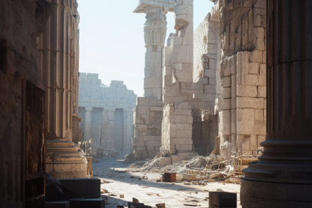 Ruins of an ancient city reveal towering columns and broken walls, showcasing remnants of a once-thriving financial hub. Time has weathered its grandeur, leaving interesting shapes and shadows.の素材