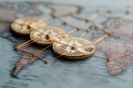 Gold coins are connected by thin lines across a world map, symbolizing the interconnected nature of global finance and the investment opportunities in cryptocurrency markets today.の素材