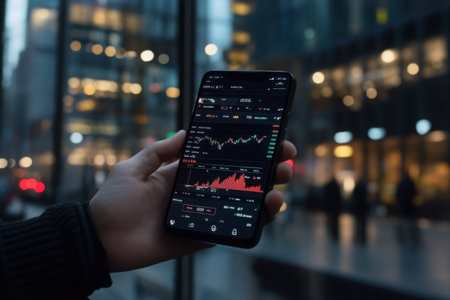 A person checks stock market performance on a smartphone while surrounded by a bustling cityscape filled with modern buildings during evening hours.の素材