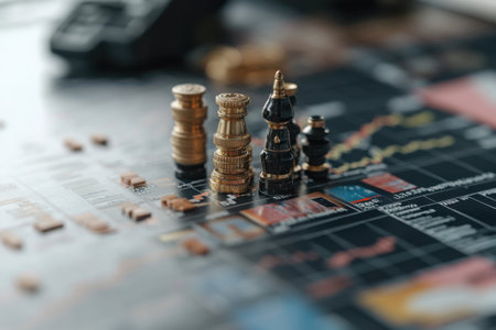 Chess pieces represent economic competition, placed on a desk covered with financial charts and graphs, highlighting strategies and market movements in a business environment.の素材