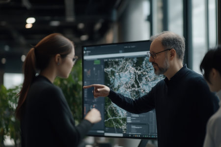 Two business partners are engaged in a discussion, analyzing project insights displayed on a large screen in a contemporary office environment. The atmosphere is professional.の素材