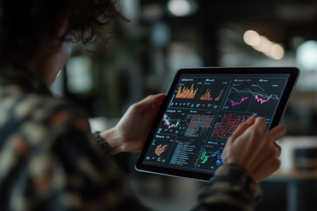 Individual is focused on a tablet that displays various graphs and data analytics, surrounded by a contemporary office environment filled with natural light.の素材