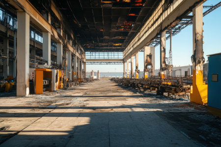The large, burnt-out factory features empty production lines and charred structures, suggesting a once-thriving industrial space now abandoned and in disrepair.の素材