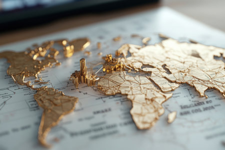 Golden representations of currency flow are intricately laid over a detailed world map, illustrating global trade routes and economic connections between regions.の素材