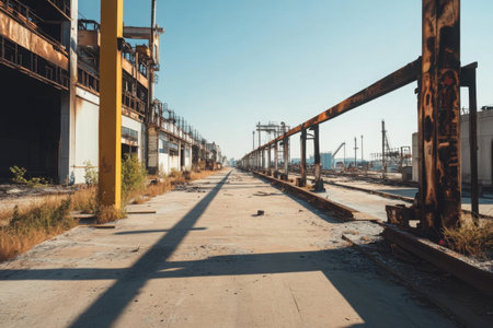Abandoned factory features empty assembly lines and charred remains, showing the decline of industrial activity. The bright daylight illuminates the desolation.の素材