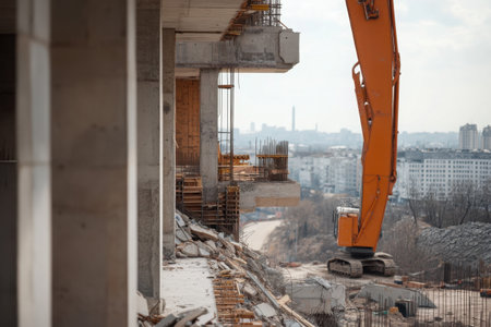 Heavy machinery operates at a construction site, with a partially completed building in the foreground. The city skyline is visible in the background under a clear sky.の素材