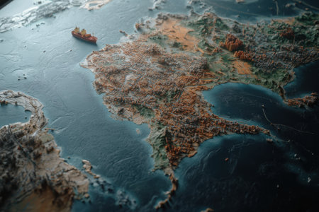 A highly detailed map shows the intricate routes that connect various continents, highlighting geographical features and water bodies.の素材