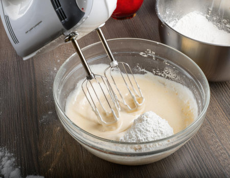 A handheld mixer is blending a mixture in a clear bowl, incorporating powdered sugar into a creamy batter. The kitchen exudes a warm, inviting atmosphere, perfect for baking.の素材