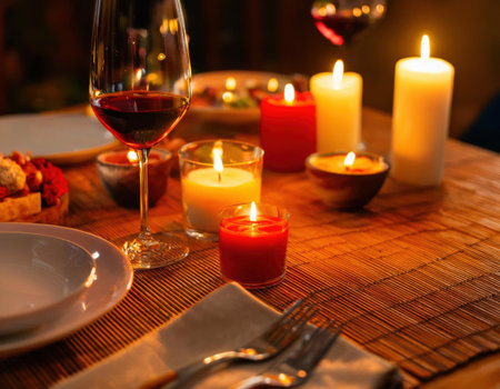 A beautifully arranged table features wine glasses, flickering candles, and a warm ambiance, perfect for a romantic dinner. Various dishes and a cozy setting invite intimacy and connection.の素材