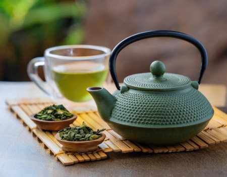 A cast iron teapot sits beside a glass cup filled with vibrant green tea, accompanied by bowls of fresh tea leaves on a bamboo mat, creating a tranquil tea-drinking experience.の素材