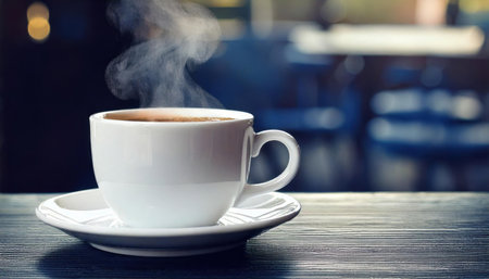 A steaming cup of coffee sits on a white saucer, placed on a rustic wooden table. Soft light highlights the cozy atmosphere of the cafe in the background.の素材