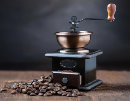 A traditional coffee grinder sits on a wooden surface, surrounded by freshly roasted coffee beans. The grinder's vintage design contrasts with the dark backdrop, highlighting its elegance.の素材