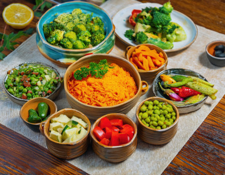 A vibrant assortment of vegetarian dishes is arranged beautifully, showing fresh seasonal vegetables ready to be enjoyed. Each bowl offers a burst of color and flavor, highlighting healthy eating.の素材
