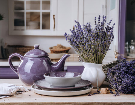 A beautifully arranged kitchen featuring a purple ceramic teapot, stacked dishes, and a vase filled with dried lavender, creating a serene and inviting atmosphere.の素材
