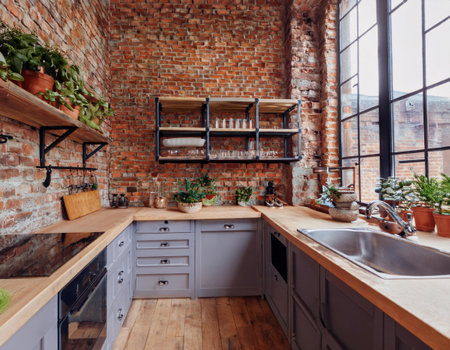 This stylish kitchen features exposed brick walls and wooden countertops, blending rustic charm with modern design. Abundant plants add freshness to the vibrant space.の素材