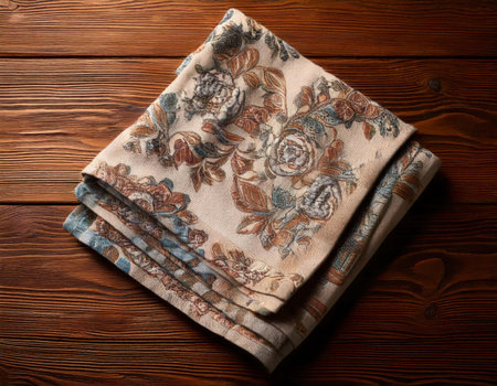 A floral patterned kitchen towel is neatly folded and placed on a rustic wooden table, adding a touch of elegance and warmth to the space. The intricate patterns enhance the dの素材