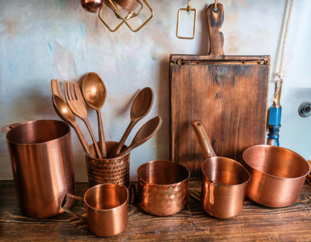 A beautifully arranged rustic kitchen setting highlights wooden furniture and an array of copper utensils. This cozy atmosphere invites culinary creativity and warmth, perfect for gatherings.の素材