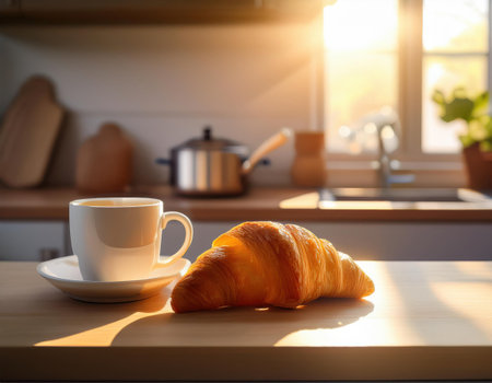 Soft morning light fills the kitchen as a croissant rests beside a steaming cup of coffee. A tranquil setting welcomes a new day with warmth and comfort.の素材